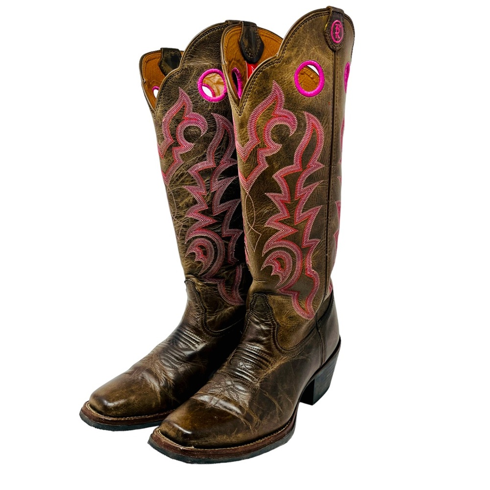 TONY LAMA Brown Pink 3R Buckaroo Tall Cowboy Cowgirl Western Boot Square Toe 9.5